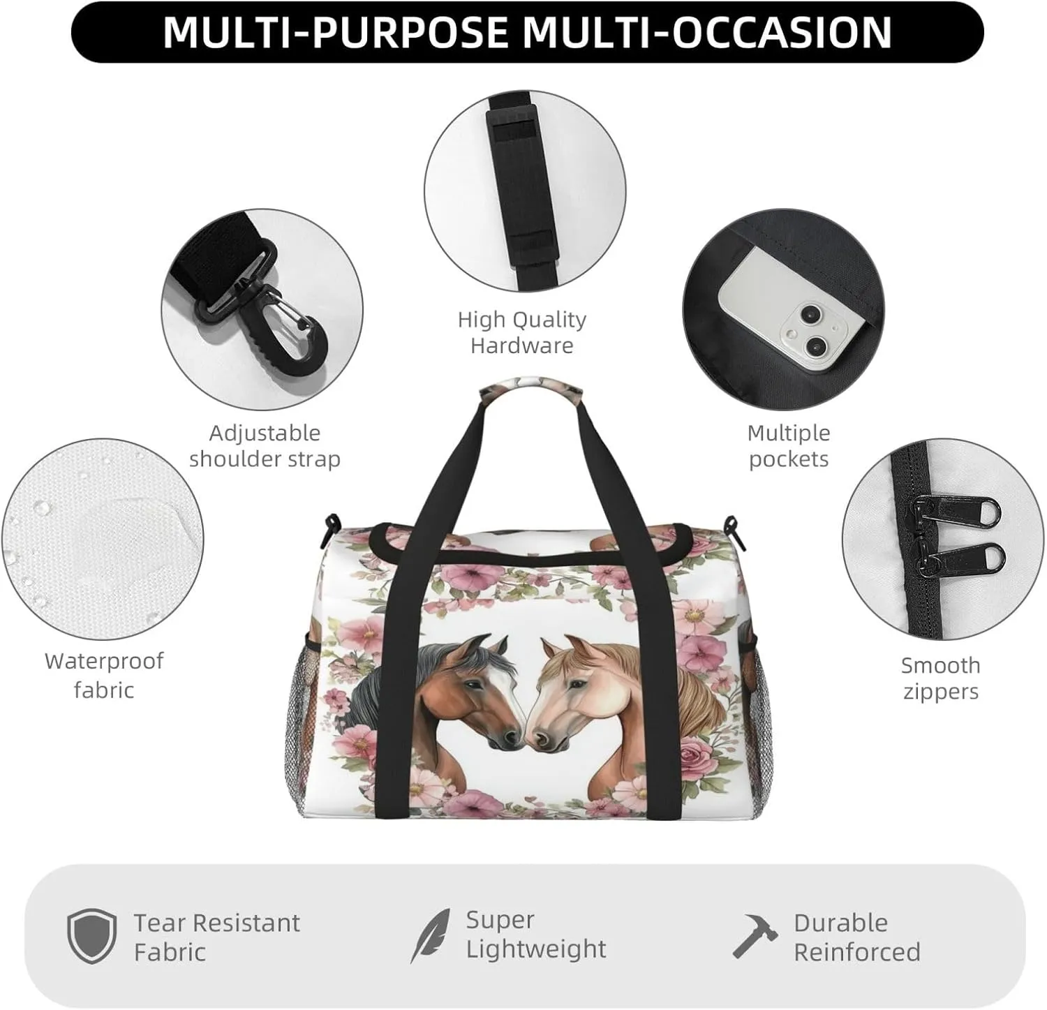 Horses Flower Travel Duffel Bag with Strap Multi Pockets Sports Bag Handbag Large Shoulder Bag for Gym Weekend Fitness Camping