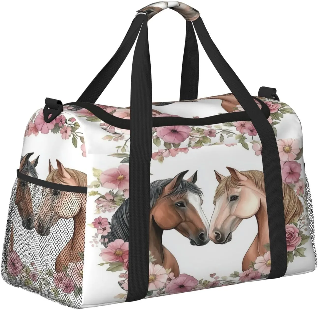 Horses Flower Travel Duffel Bag with Strap Multi Pockets Sports Bag Handbag Large Shoulder Bag for Gym Weekend Fitness Camping