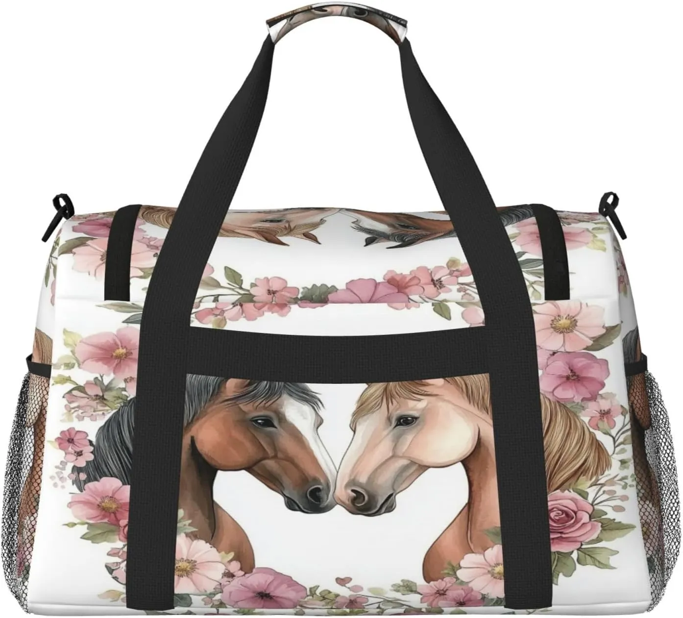 Horses Flower Travel Duffel Bag with Strap Multi Pockets Sports Bag Handbag Large Shoulder Bag for Gym Weekend Fitness Camping