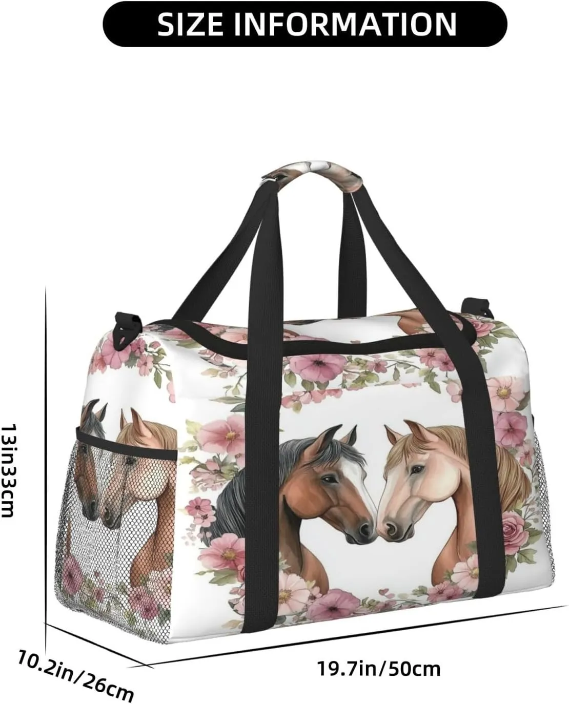 Horses Flower Travel Duffel Bag with Strap Multi Pockets Sports Bag Handbag Large Shoulder Bag for Gym Weekend Fitness Camping