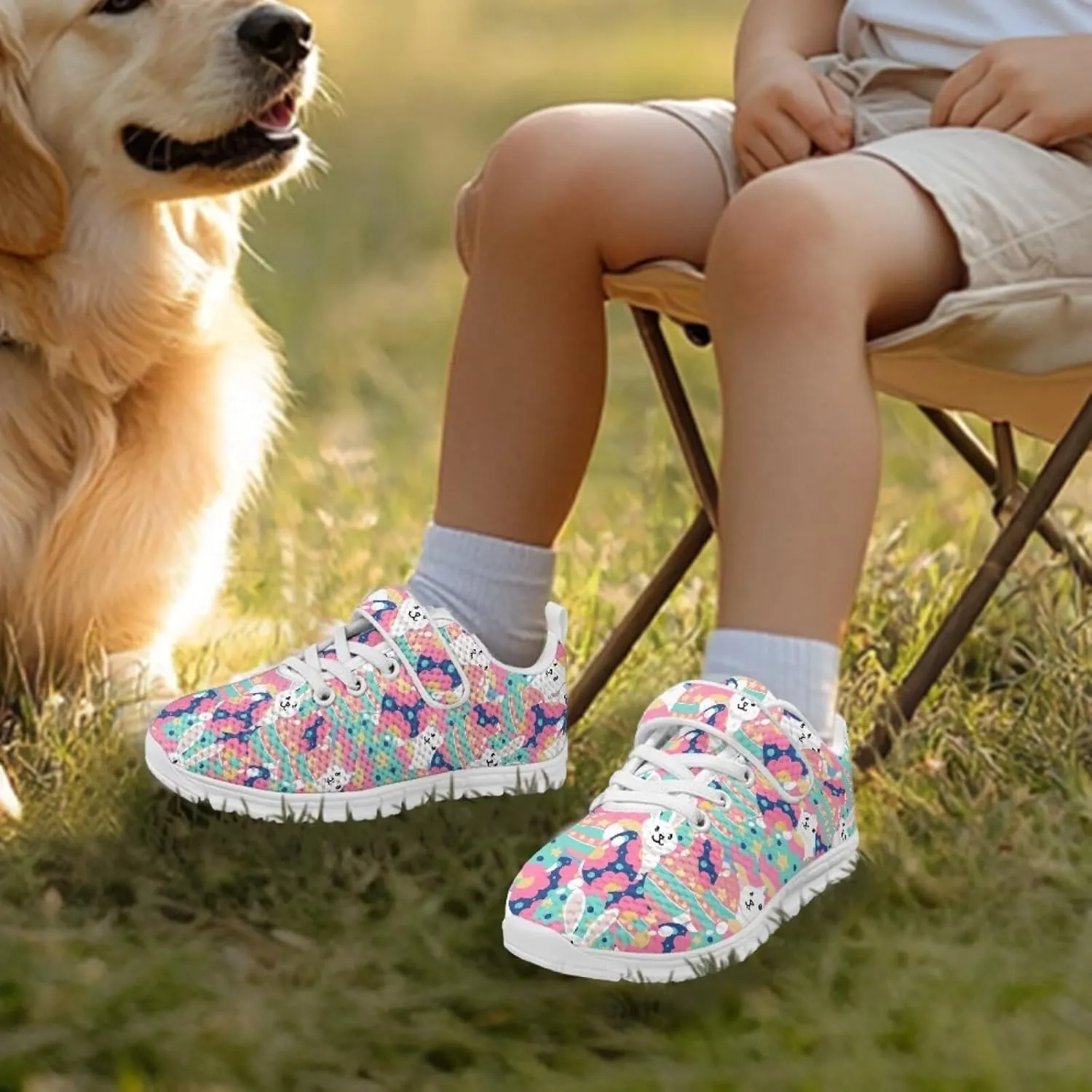 Howilath Easter Bunny Print Kids Sneakers for Boys Girls Mesh Sneakers Sports Tennis Shoes with Non-Slip Sole
