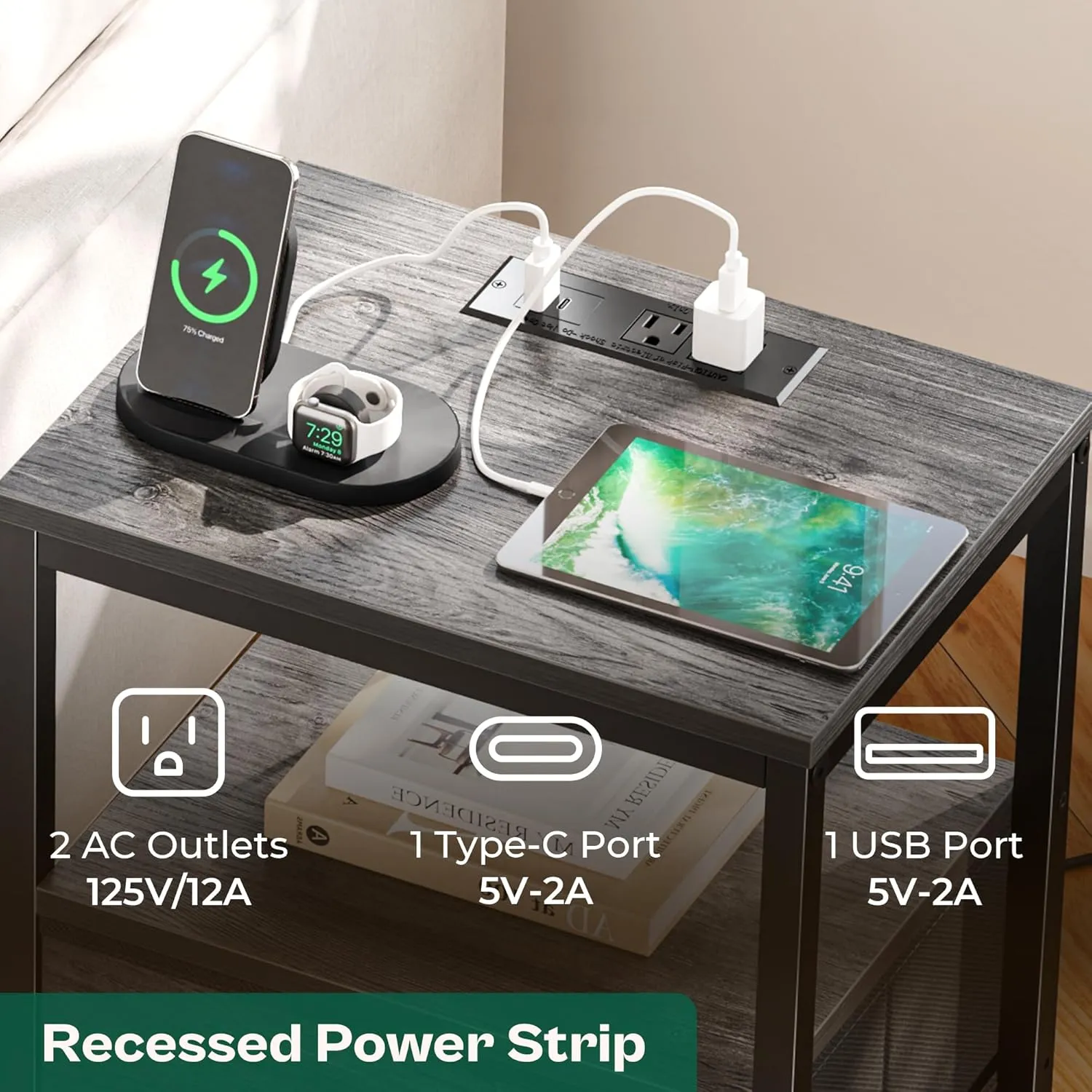 Huuger Nightstand with Charging Station, Fabric Drawers, End Table with Open Shelf, Bedside Table with USB Ports and Outlets, Night Stand for Bedroom, Gray