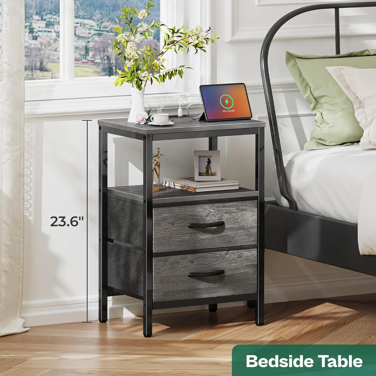 Huuger Nightstand with Charging Station, Fabric Drawers, End Table with Open Shelf, Bedside Table with USB Ports and Outlets, Night Stand for Bedroom, Gray