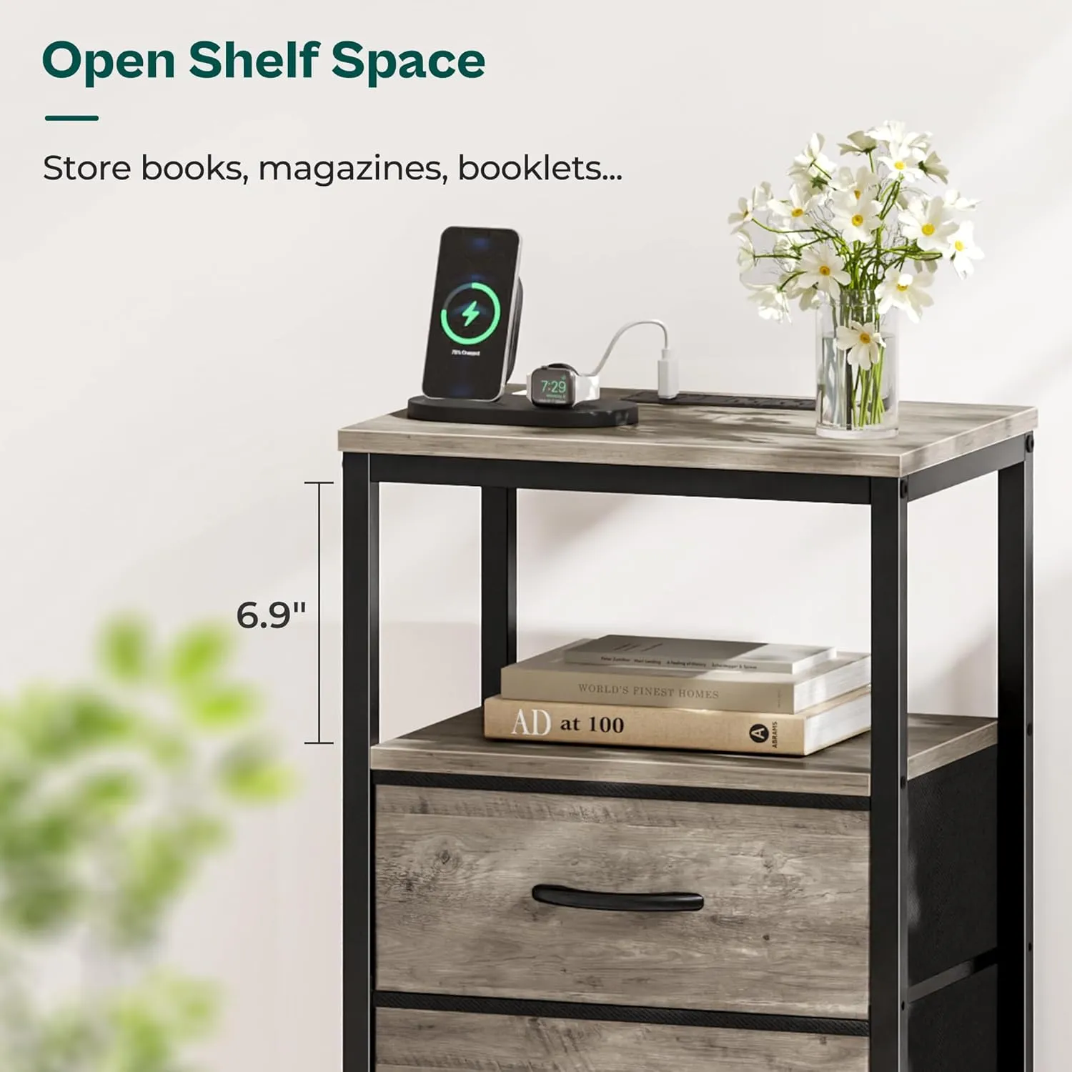 Huuger Nightstand with Charging Station, Fabric Drawers, End Table with Open Shelf, Bedside Table with USB Ports and Outlets, Night Stand for Bedroom, Oak
