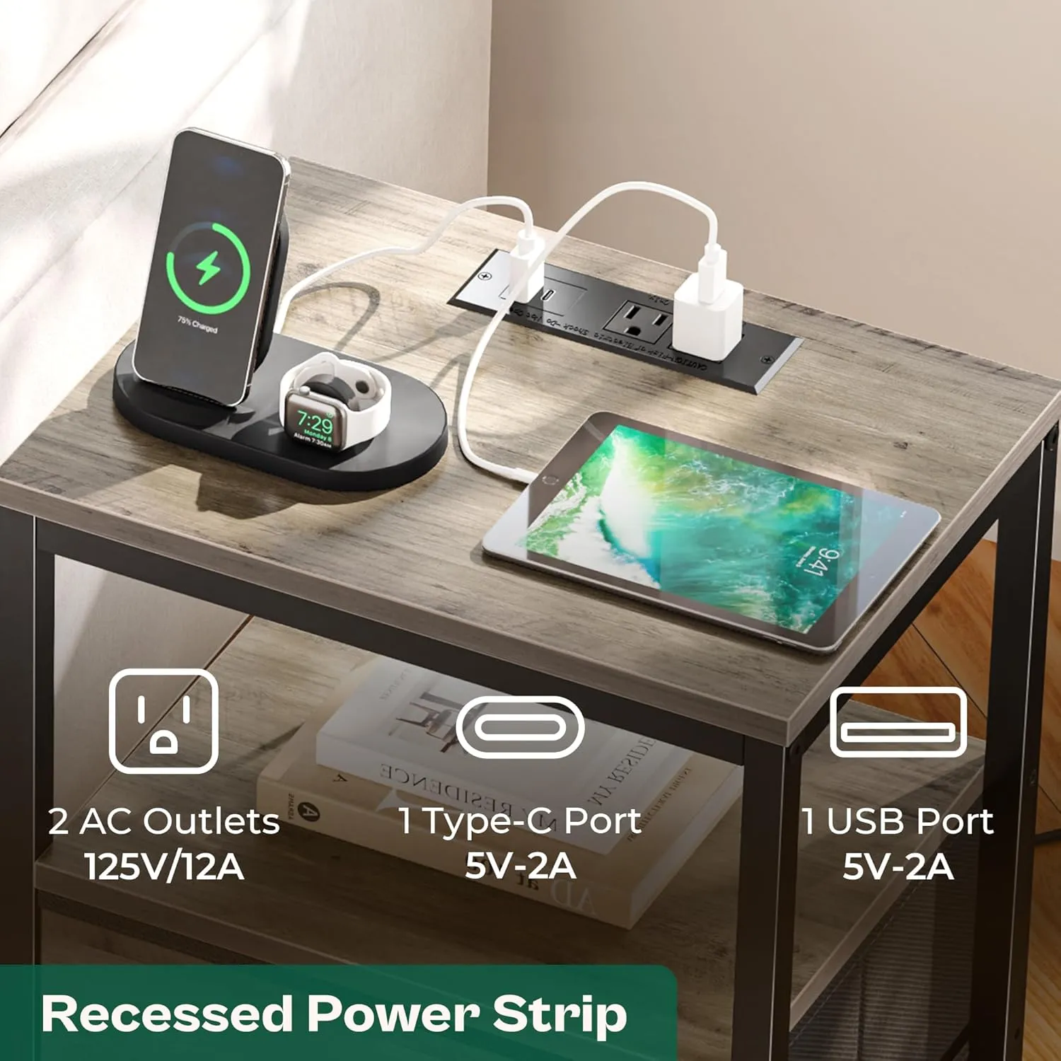Huuger Nightstand with Charging Station, Fabric Drawers, End Table with Open Shelf, Bedside Table with USB Ports and Outlets, Night Stand for Bedroom, Oak