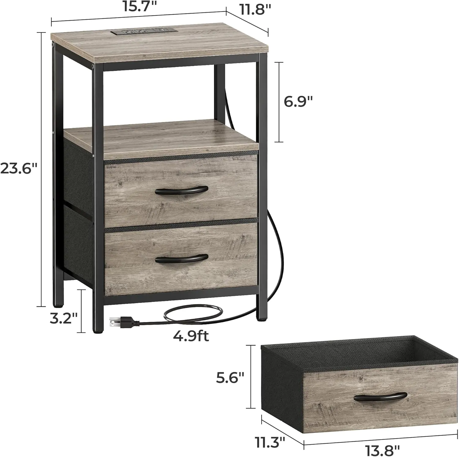 Huuger Nightstand with Charging Station, Fabric Drawers, End Table with Open Shelf, Bedside Table with USB Ports and Outlets, Night Stand for Bedroom, Oak