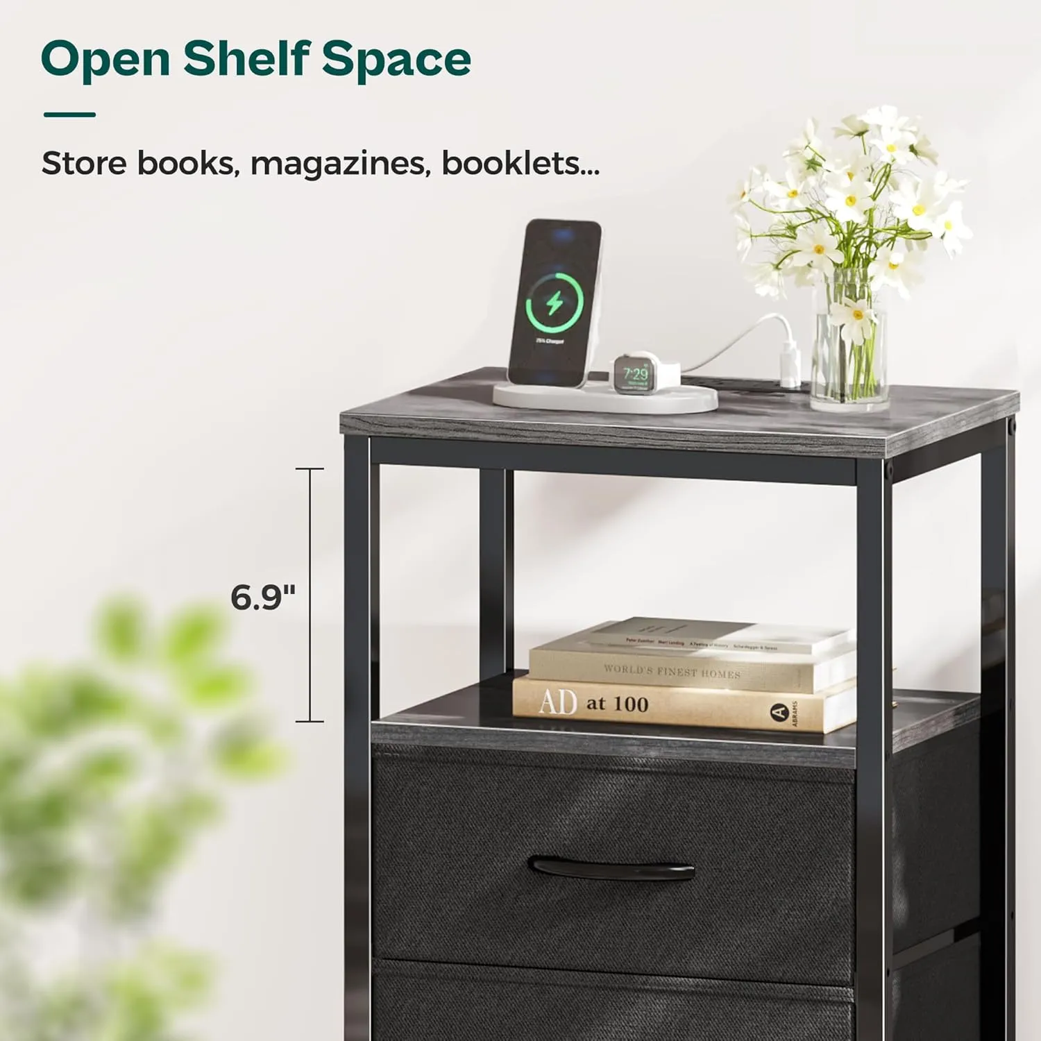 Huuger Nightstand with Charging Station, Side Table with Fabric Drawers, End Table with Open Shelf, Bedside Table with USB Ports and Outlets, Night Stand for Bedroom, Charcoal Gray