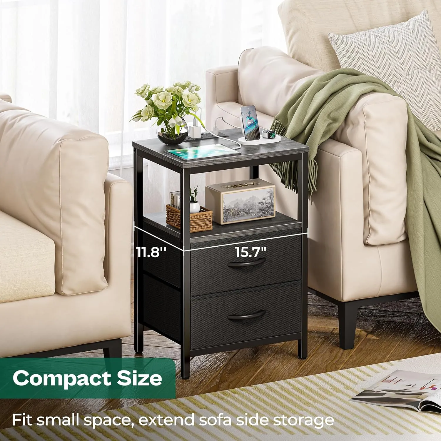 Huuger Nightstand with Charging Station, Side Table with Fabric Drawers, End Table with Open Shelf, Bedside Table with USB Ports and Outlets, Night Stand for Bedroom, Charcoal Gray