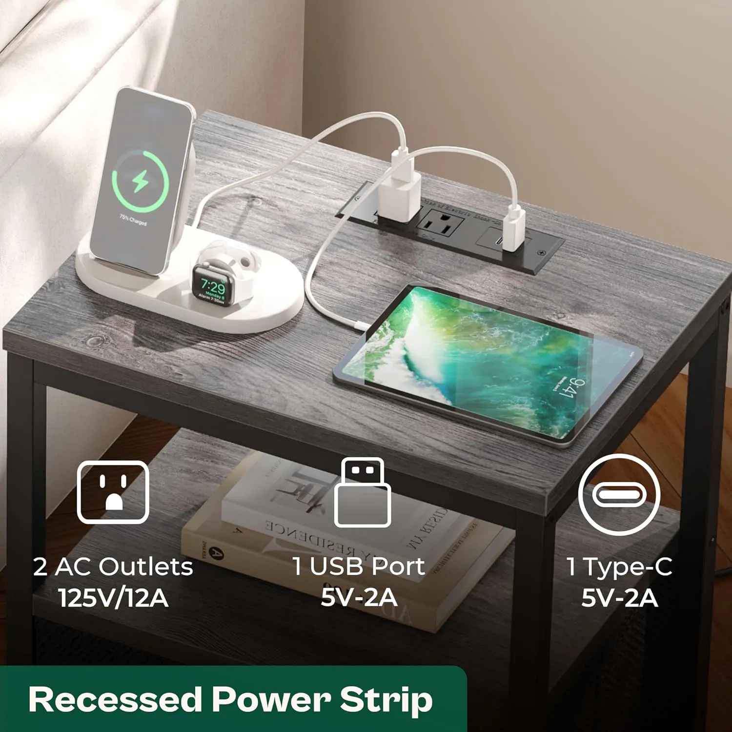 Huuger Nightstand with Charging Station, Side Table with Fabric Drawers, End Table with Open Shelf, Bedside Table with USB Ports and Outlets, Night Stand for Bedroom, Charcoal Gray
