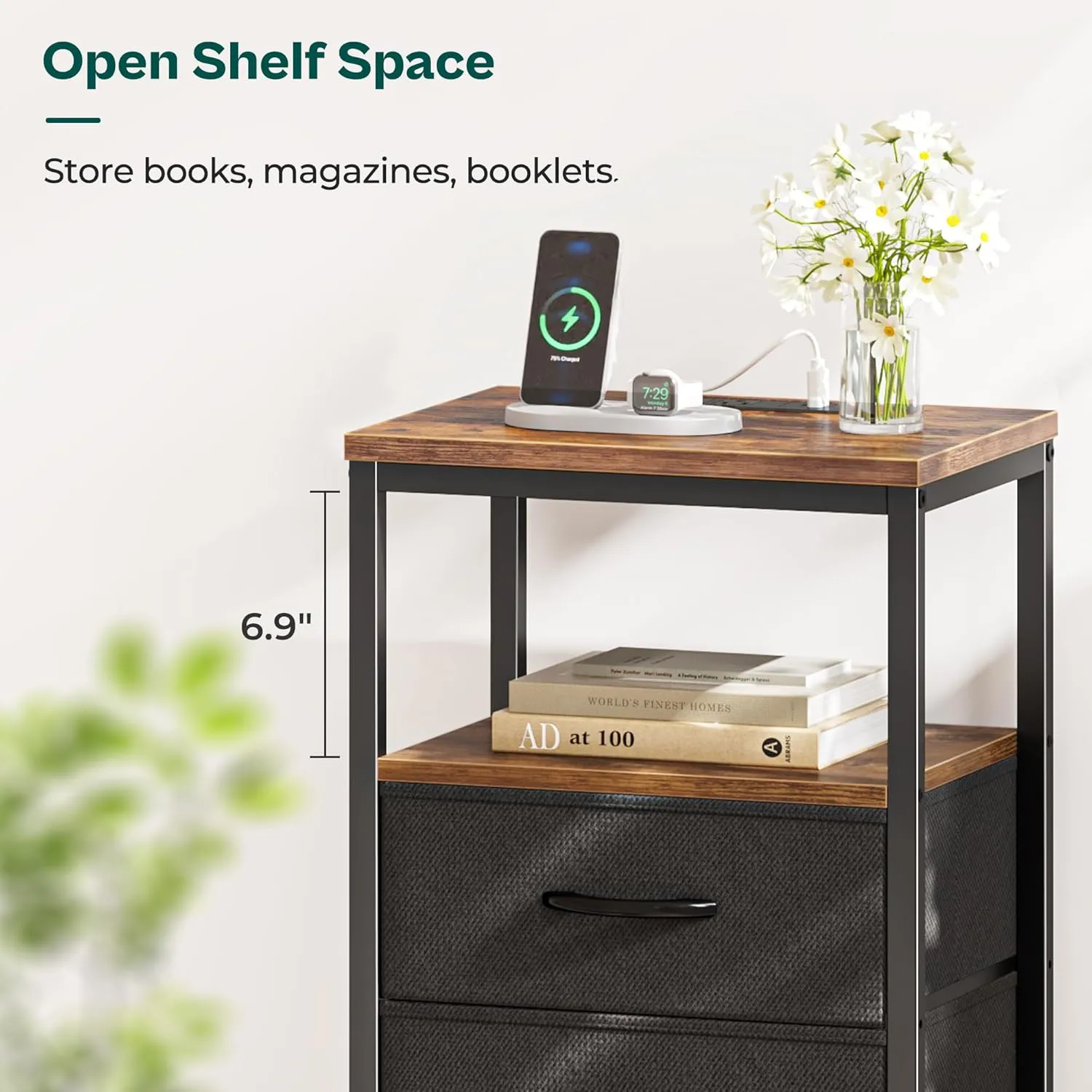 Huuger Nightstand with Charging Station, Side Table with Fabric Drawers, End Table with Open Shelf, Bedside Table with USB Ports and Outlets, Night Stand for Bedroom, Rustic Brown and Black