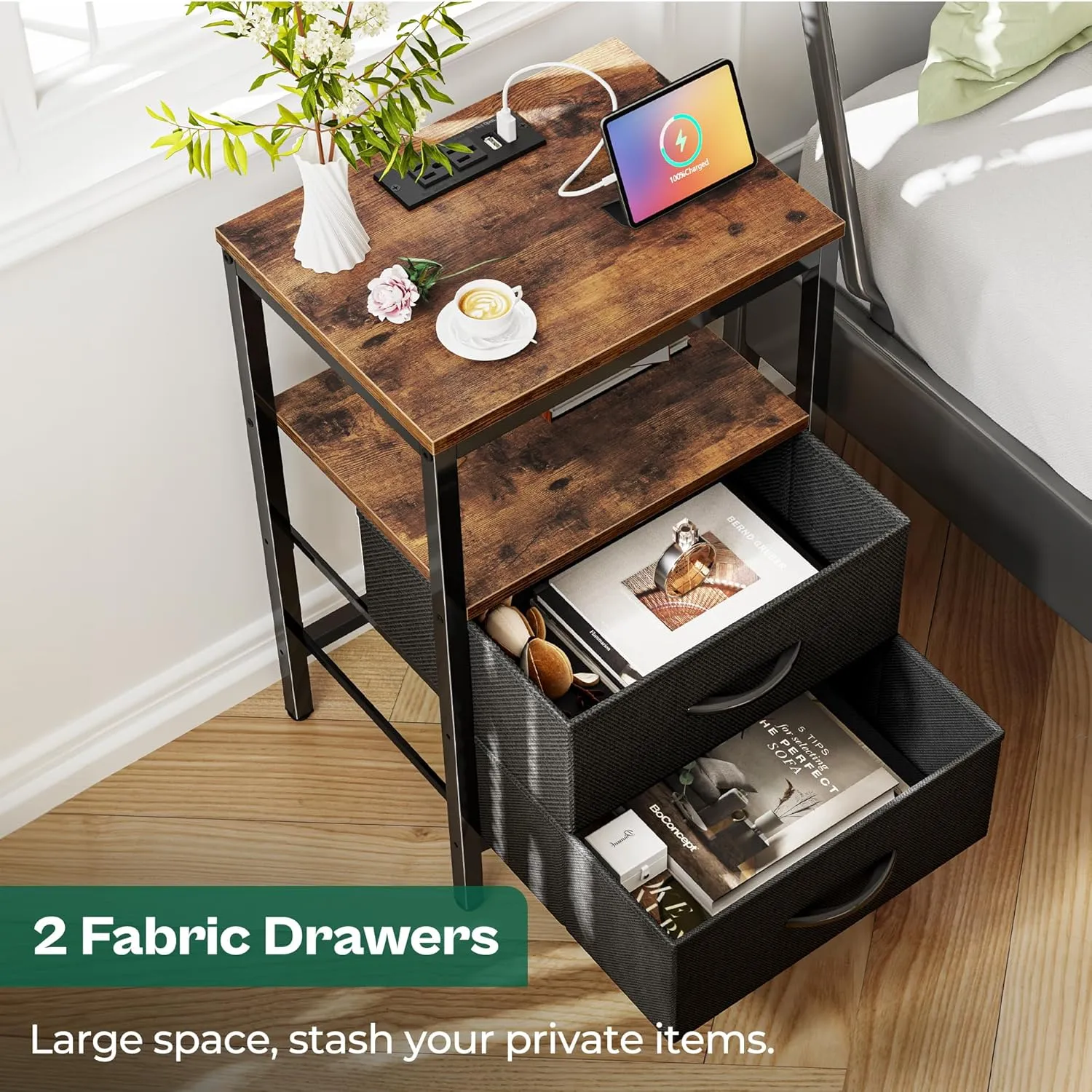 Huuger Nightstand with Charging Station, Side Table with Fabric Drawers, End Table with Open Shelf, Bedside Table with USB Ports and Outlets, Night Stand for Bedroom, Rustic Brown and Black