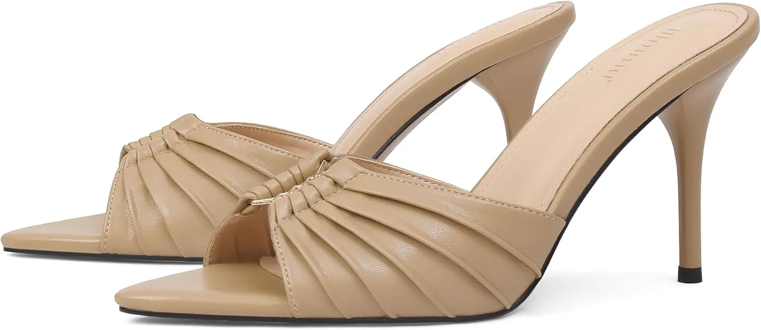 iiimmu 3.5 IN Stiletto Mules High Heels with Pointed Peep Toe Heeled Sandals Faux Leather