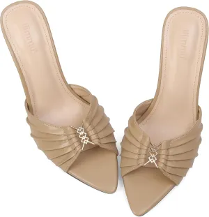 iiimmu 3.5 IN Stiletto Mules High Heels with Pointed Peep Toe Heeled Sandals Faux Leather