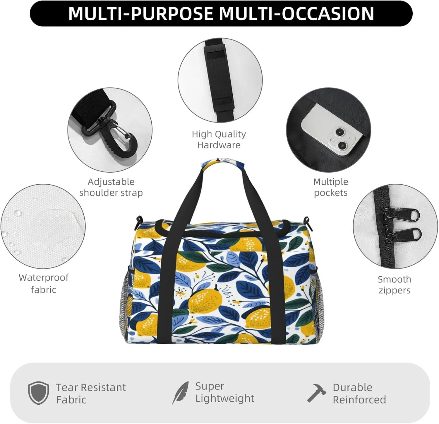 Lemon Blue Leaves Travel Duffel Bag with Strap Multi Pockets Sports Bag Handbag Large Shoulder Bag for Gym Weekend Fitness Camping