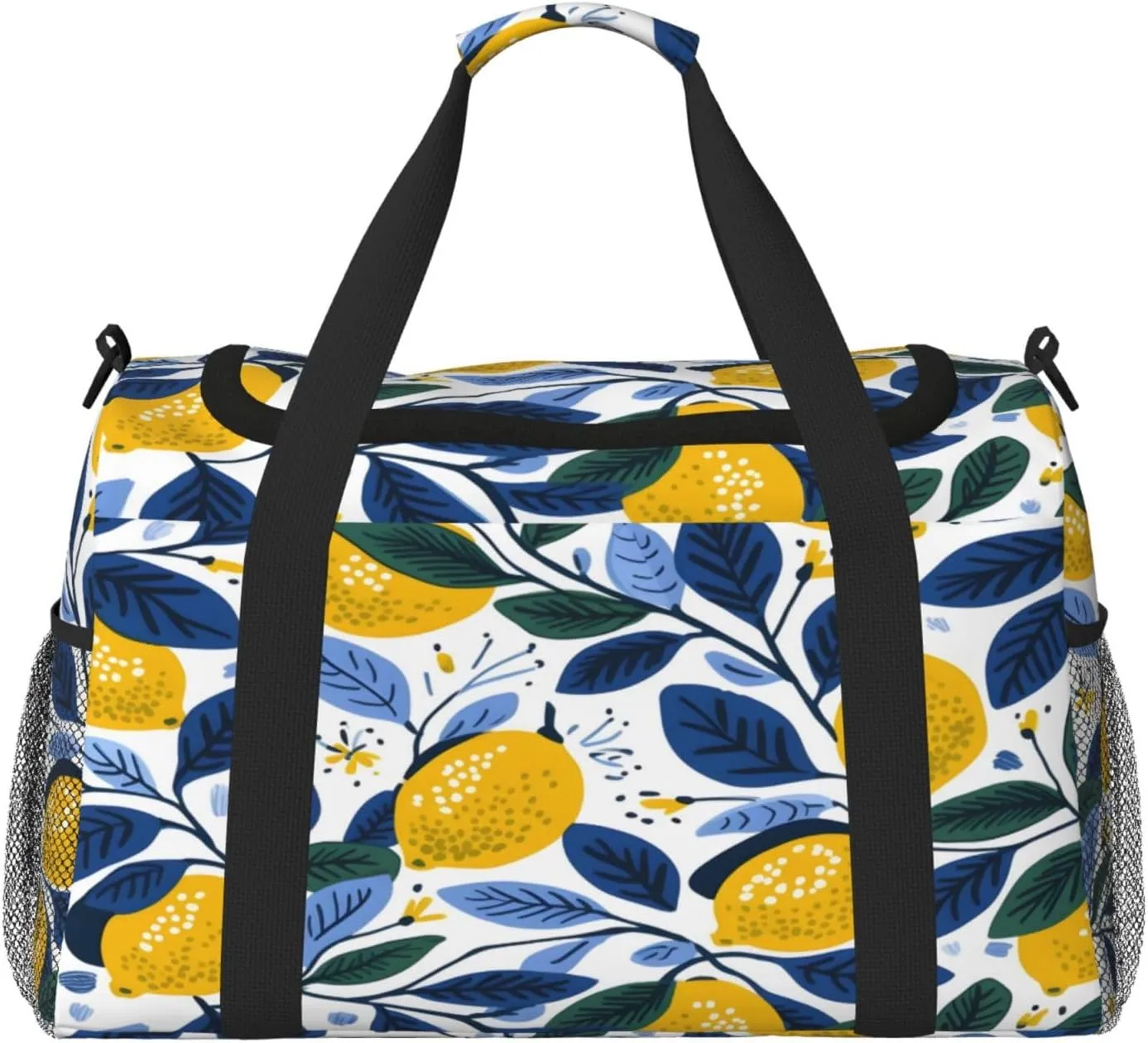 Lemon Blue Leaves Travel Duffel Bag with Strap Multi Pockets Sports Bag Handbag Large Shoulder Bag for Gym Weekend Fitness Camping