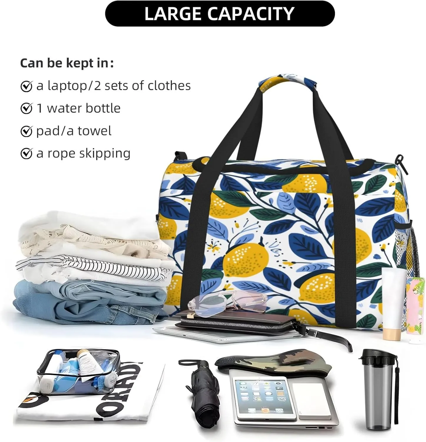 Lemon Blue Leaves Travel Duffel Bag with Strap Multi Pockets Sports Bag Handbag Large Shoulder Bag for Gym Weekend Fitness Camping
