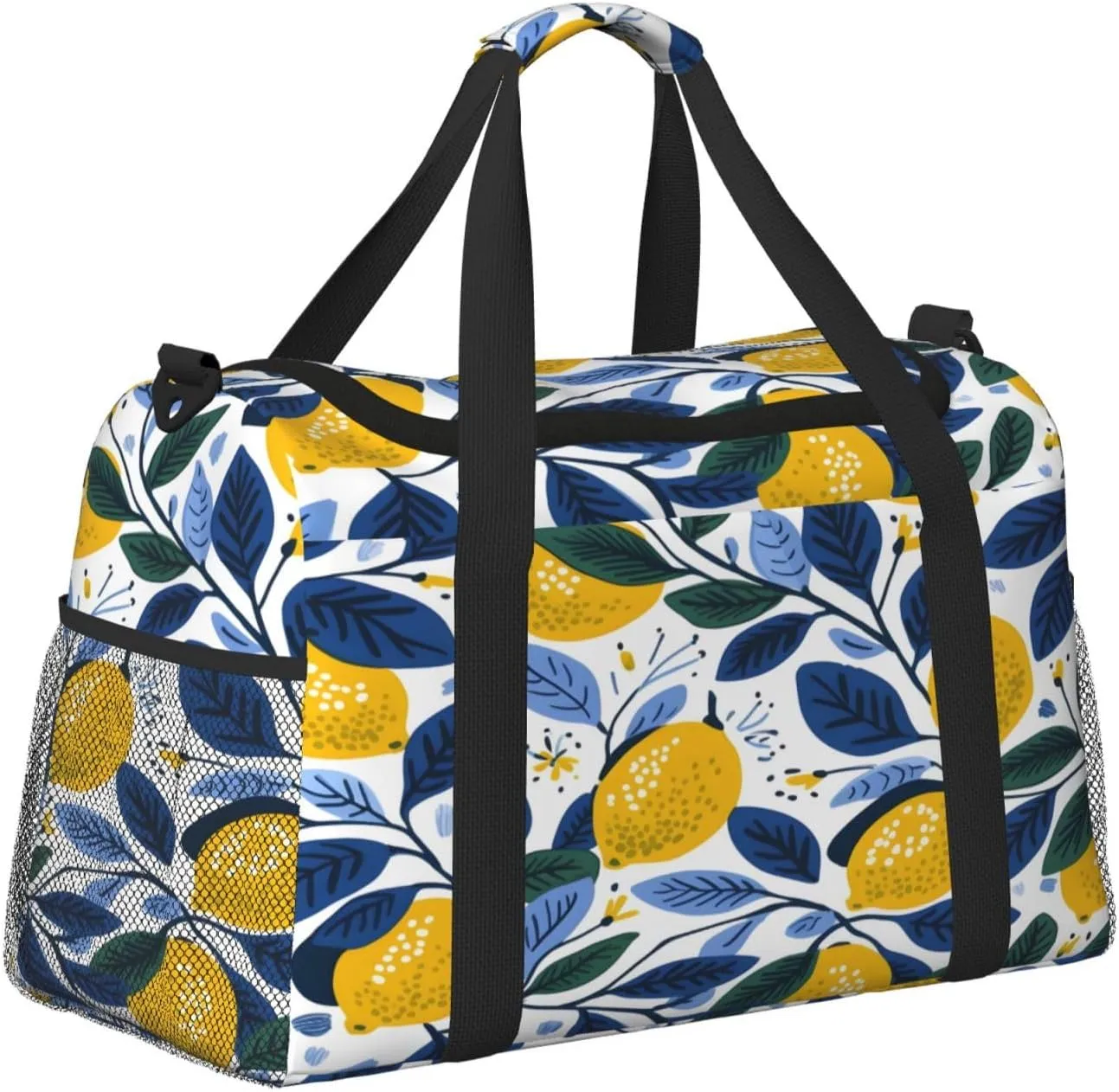 Lemon Blue Leaves Travel Duffel Bag with Strap Multi Pockets Sports Bag Handbag Large Shoulder Bag for Gym Weekend Fitness Camping