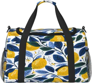 Lemon Blue Leaves Travel Duffel Bag with Strap Multi Pockets Sports Bag Handbag Large Shoulder Bag for Gym Weekend Fitness Camping