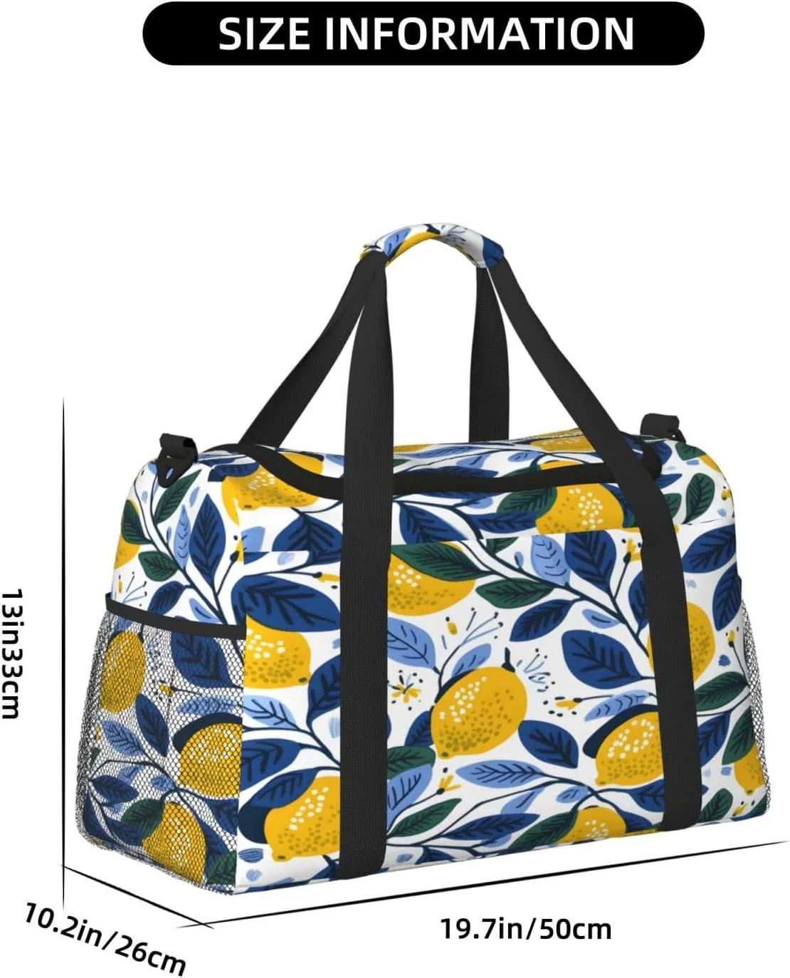 Lemon Blue Leaves Travel Duffel Bag with Strap Multi Pockets Sports Bag Handbag Large Shoulder Bag for Gym Weekend Fitness Camping