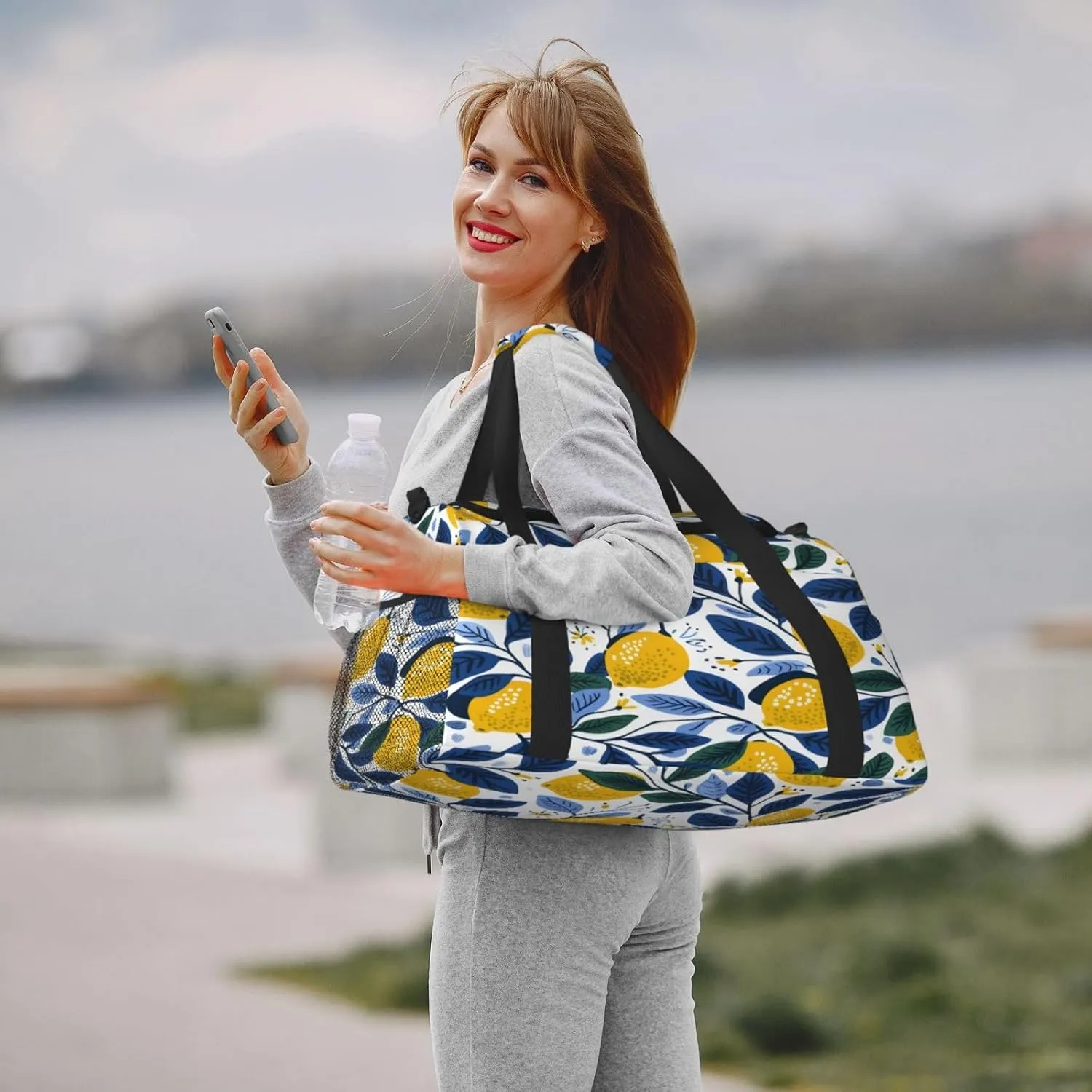 Lemon Blue Leaves Travel Duffel Bag with Strap Multi Pockets Sports Bag Handbag Large Shoulder Bag for Gym Weekend Fitness Camping