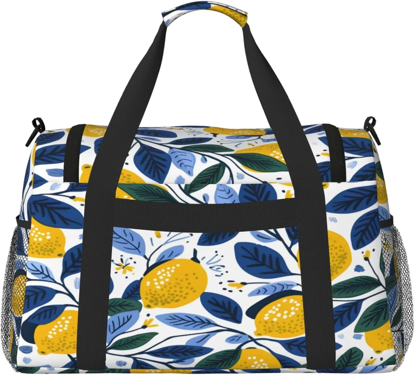 Lemon Blue Leaves Travel Duffel Bag with Strap Multi Pockets Sports Bag Handbag Large Shoulder Bag for Gym Weekend Fitness Camping