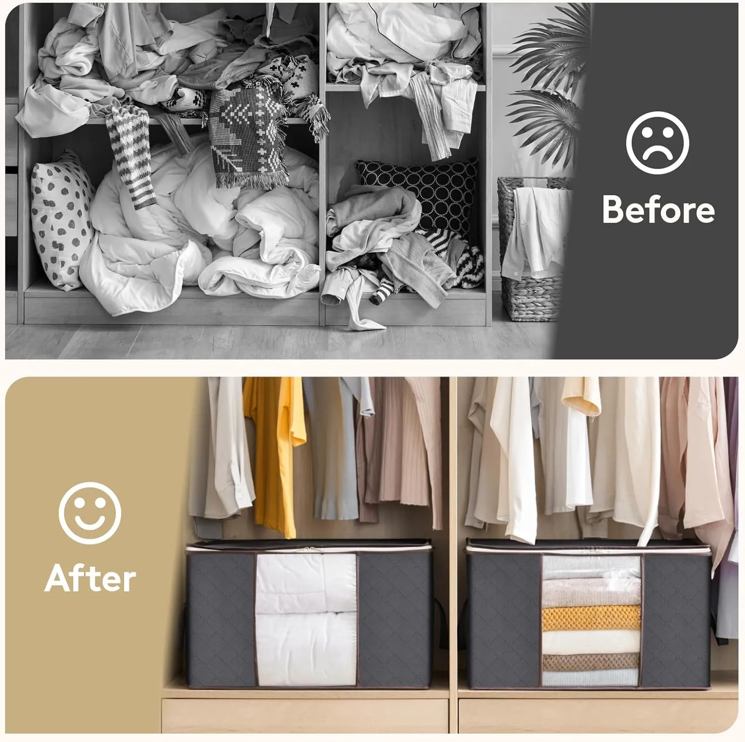 Lifewit 6 Pack Clothes Storage Bins with Lids, Foldable Blanket Storage Bags with Zippers, Clear Window and Reinforced Handles, Closet and Organization for Clothing, Sweater, Comforter, Bedding, Gray