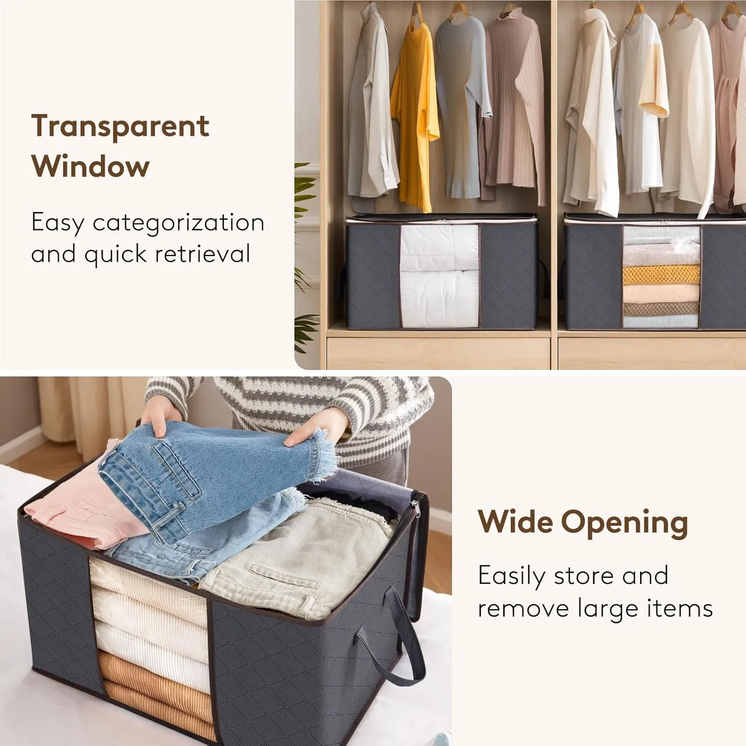 Lifewit 6 Pack Clothes Storage Bins with Lids, Foldable Blanket Storage Bags with Zippers, Clear Window and Reinforced Handles, Closet and Organization for Clothing, Sweater, Comforter, Bedding, Gray