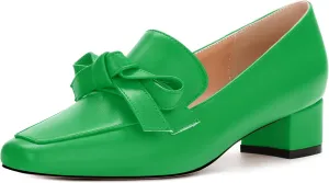 Loafers with Heels for Womens Bowknot Chunky Low Heels, Women's Pumps Closed Square Toe Slip On Dress Shoes