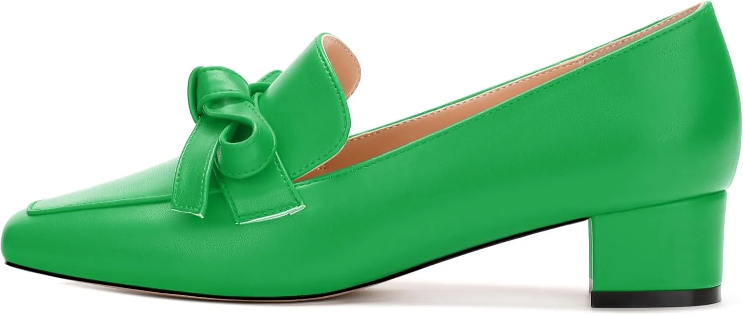 Loafers with Heels for Womens Bowknot Chunky Low Heels, Women's Pumps Closed Square Toe Slip On Dress Shoes