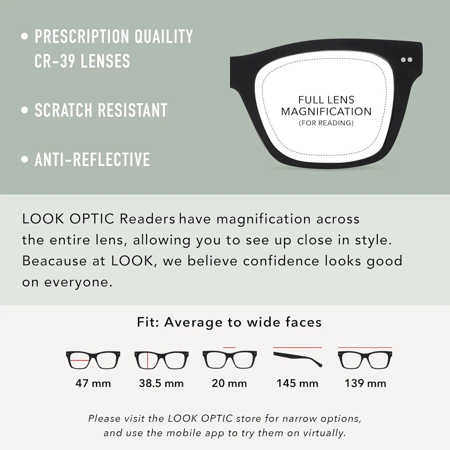 LOOK OPTIC Cosmo Reader-Lightweight Full Magnification Reading Glasses with Scratch-Resistant Anti-Reflective Lenses