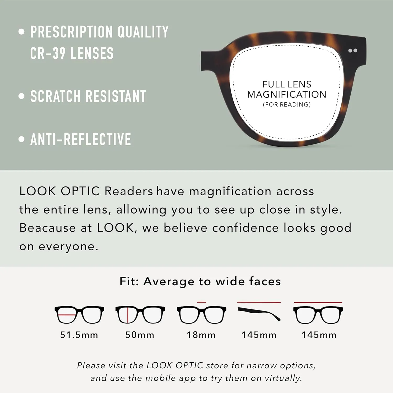 LOOK OPTIC Laurel Reader-Lightweight Full Magnification Reading Glasses with Scratch-Resistant Anti-Reflective Lenses