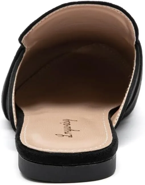 Lryweisy Women Suede Mules Comfortable Flat Mule Backless Slides with Decorative Chain