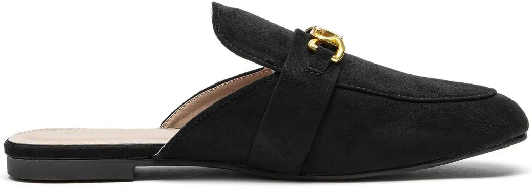 Lryweisy Women Suede Mules Comfortable Flat Mule Backless Slides with Decorative Chain