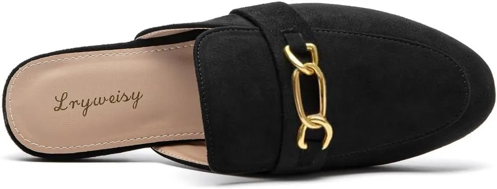 Lryweisy Women Suede Mules Comfortable Flat Mule Backless Slides with Decorative Chain