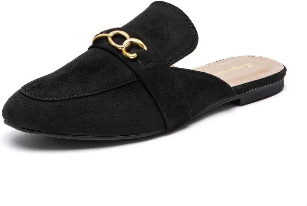 Lryweisy Women Suede Mules Comfortable Flat Mule Backless Slides with Decorative Chain