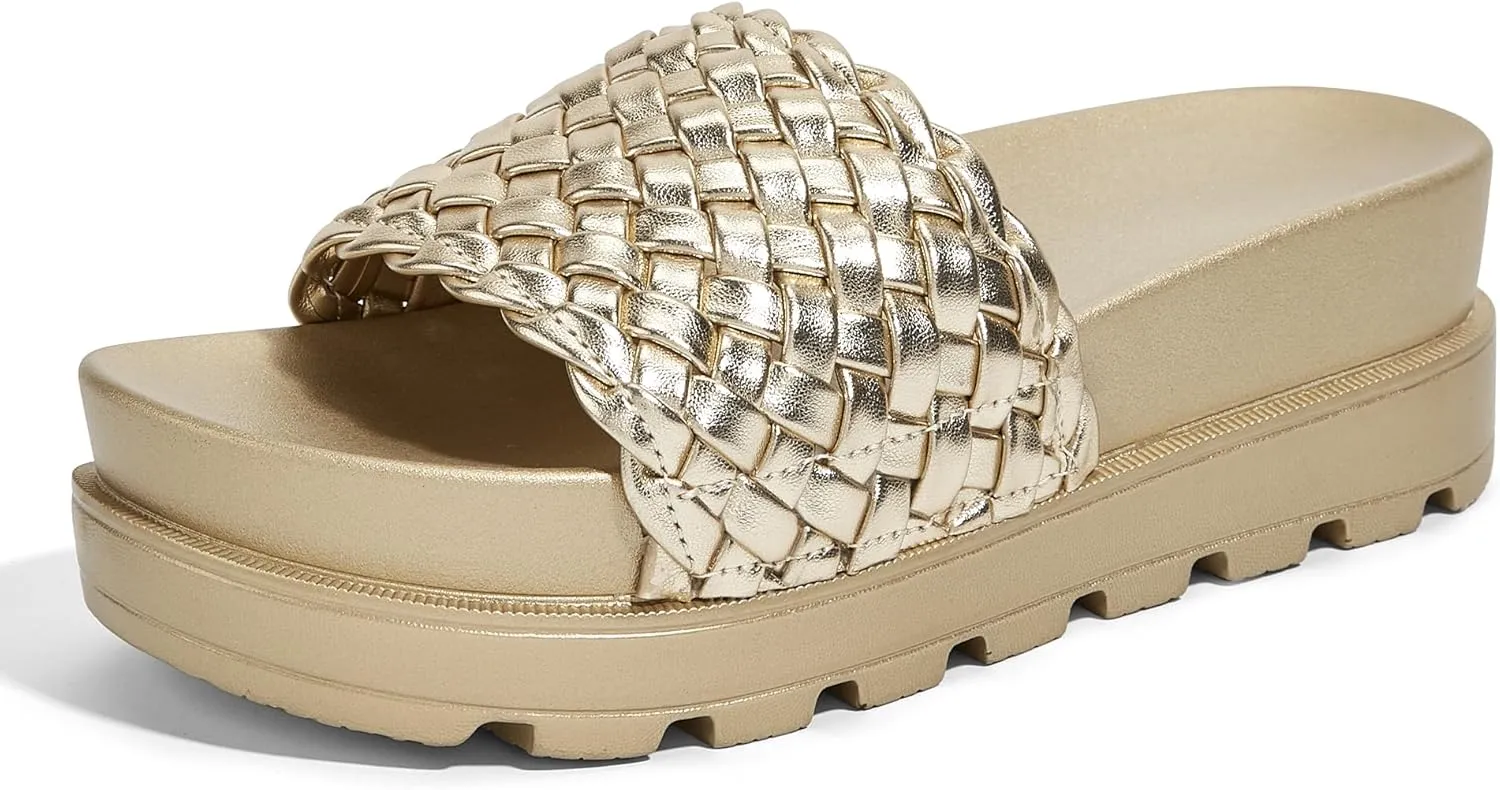 LUCKY STEP Women's Platform Sandals Braided Strap Flatform Slide Open Toe Casual Summer Beach Outdoor Wedge Woven Belt Slipper