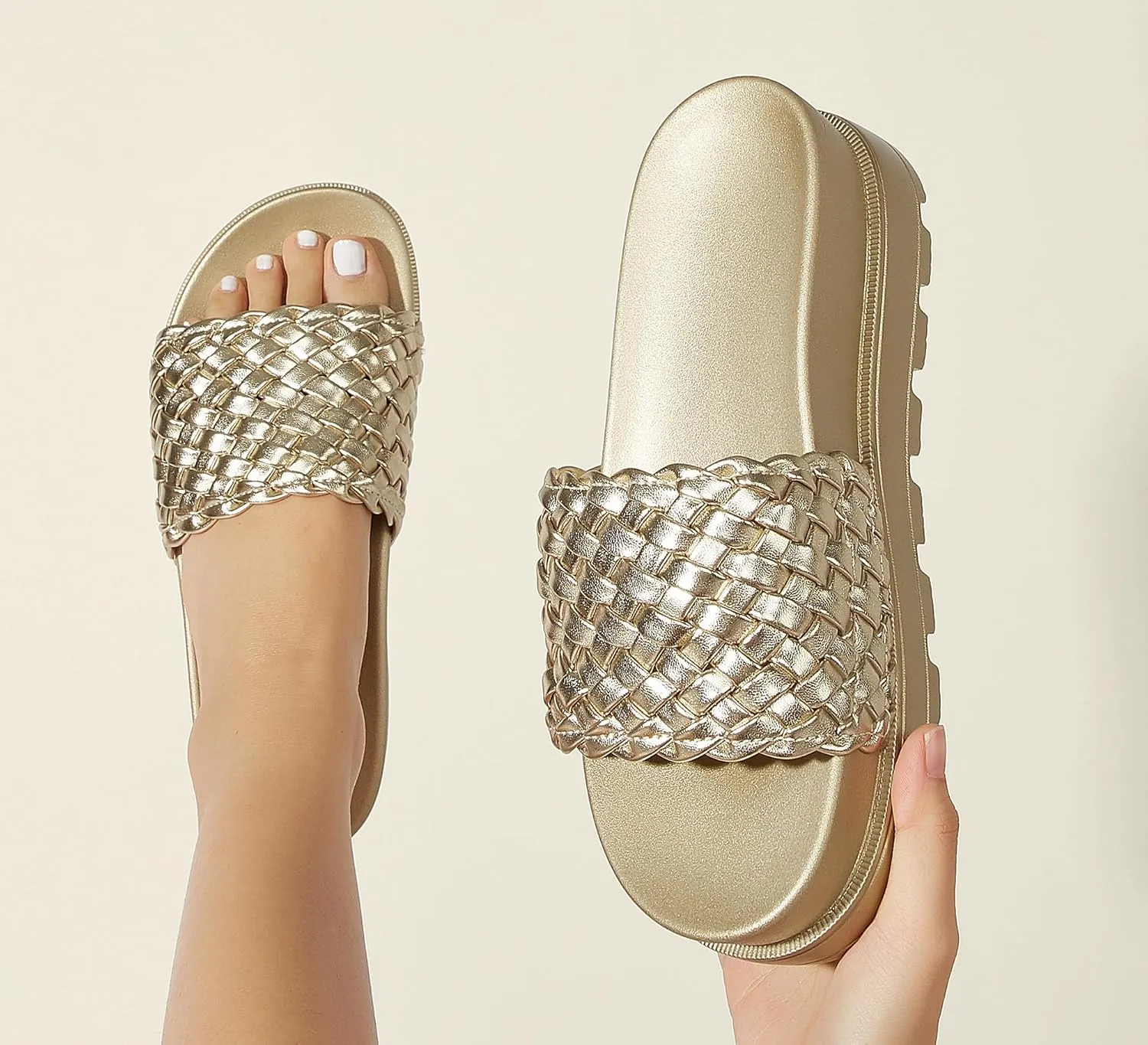 LUCKY STEP Women's Platform Sandals Braided Strap Flatform Slide Open Toe Casual Summer Beach Outdoor Wedge Woven Belt Slipper