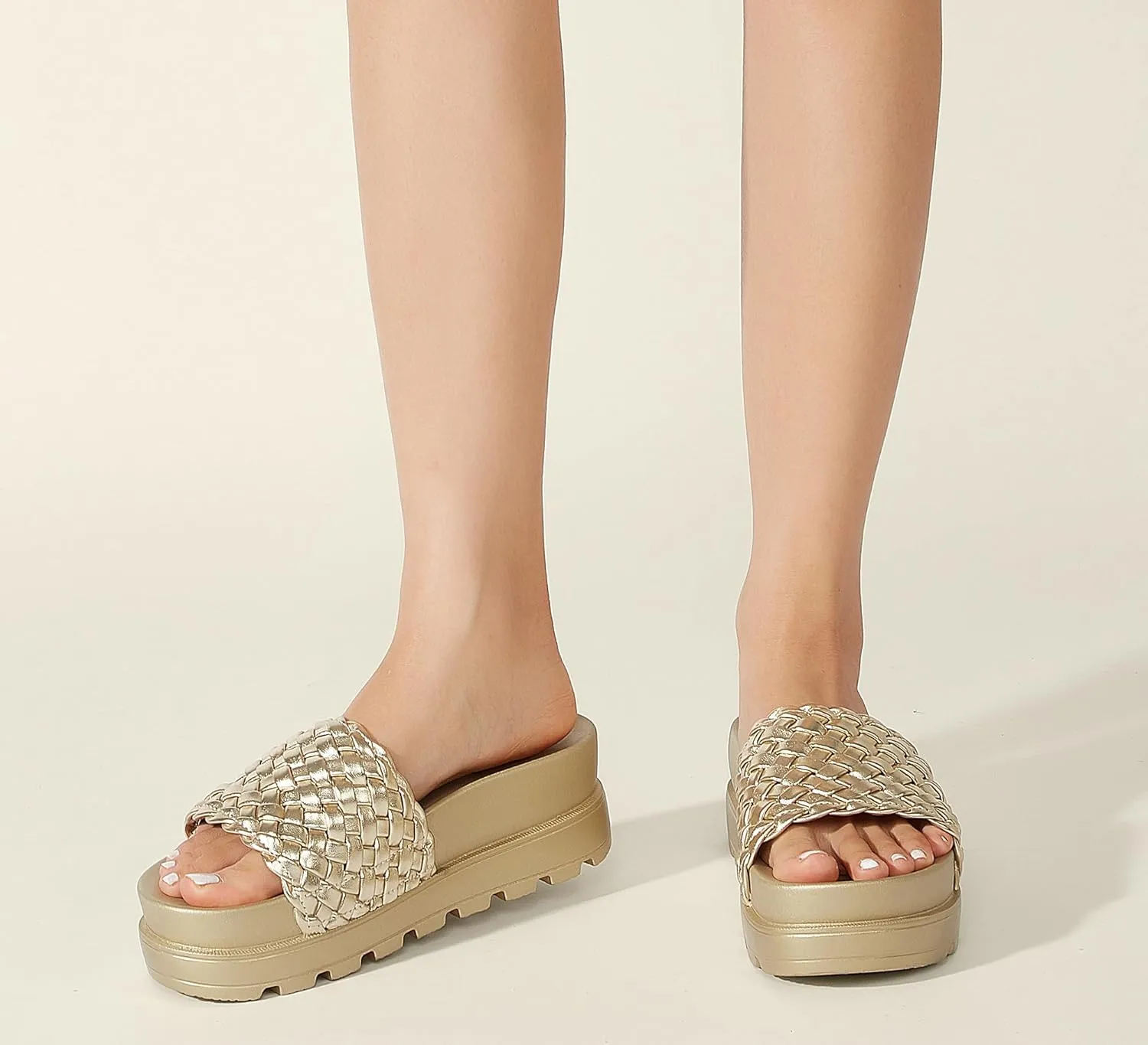 LUCKY STEP Women's Platform Sandals Braided Strap Flatform Slide Open Toe Casual Summer Beach Outdoor Wedge Woven Belt Slipper