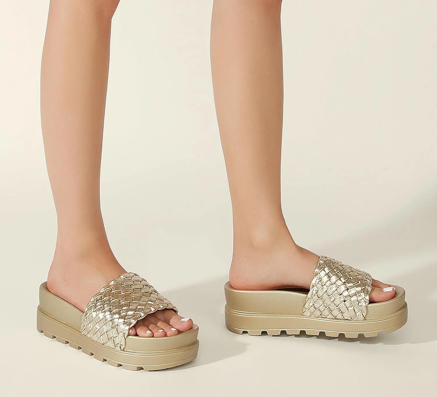 LUCKY STEP Women's Platform Sandals Braided Strap Flatform Slide Open Toe Casual Summer Beach Outdoor Wedge Woven Belt Slipper