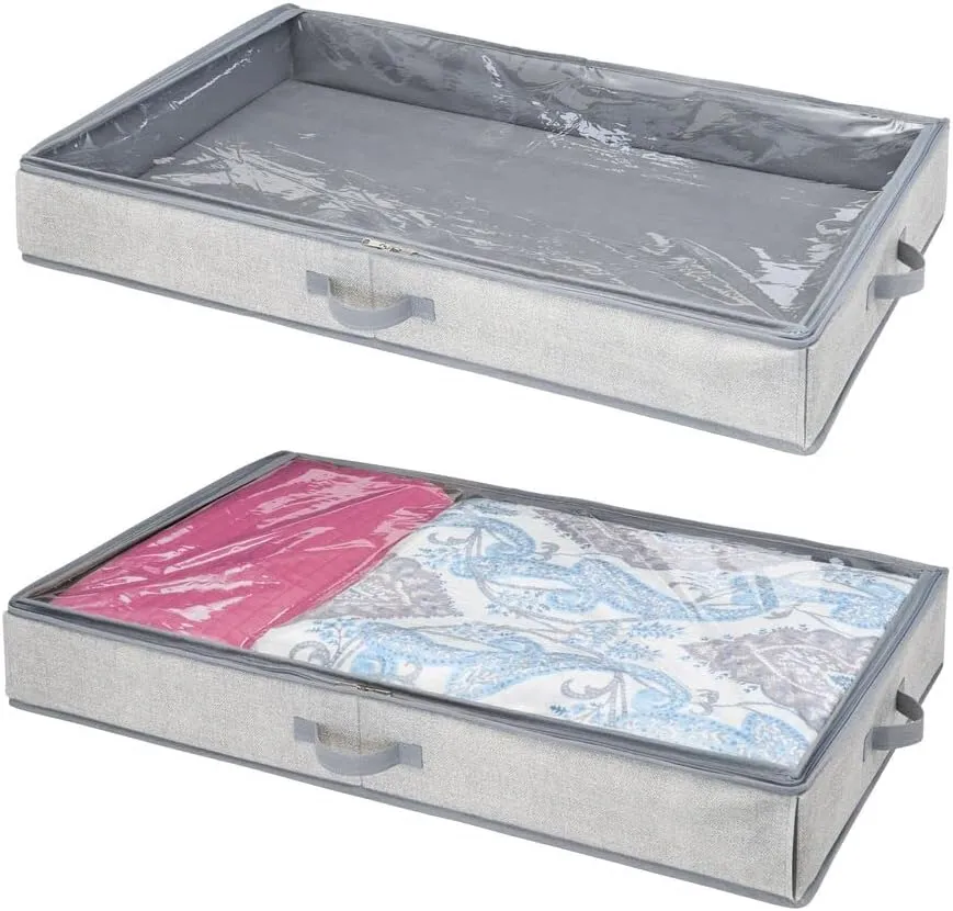 mDesign Soft Fabric Under Bed Storage Organizer Holder Bag for Clothing, Accessories, Linen - Easy-View Top Panel, Attached 2-Way Zippered Lid, Side Handles - 2 Pack - Gray