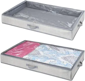 mDesign Soft Fabric Under Bed Storage Organizer Holder Bag for Clothing, Accessories, Linen - Easy-View Top Panel, Attached 2-Way Zippered Lid, Side Handles - 2 Pack - Gray