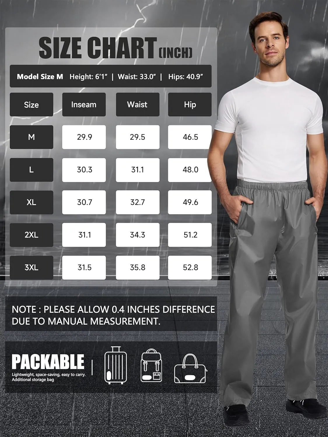 Men's Rain Pants, Waterproof Lightweight Outdoor Trousers for Hiking Fishing Windproof Rain Over Pants