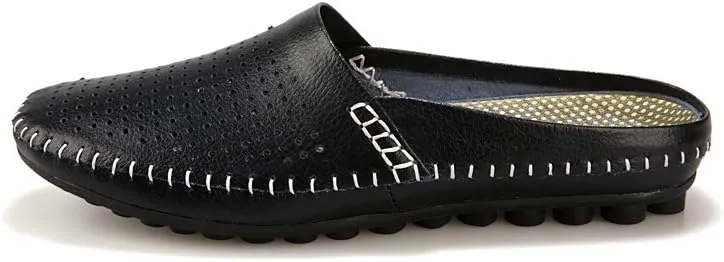 Men's Slip-On Mules, Half Shoes, Leather Slippers, Perforated Design, Summer Breathable
