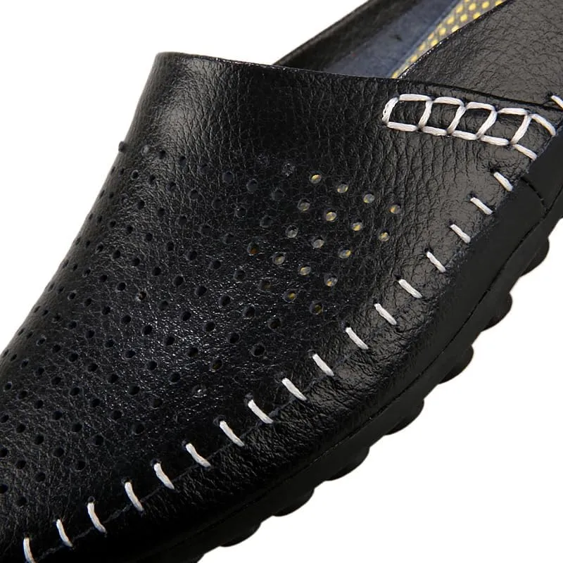 Men's Slip-On Mules, Half Shoes, Leather Slippers, Perforated Design, Summer Breathable
