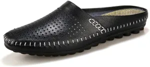 Men's Slip-On Mules, Half Shoes, Leather Slippers, Perforated Design, Summer Breathable