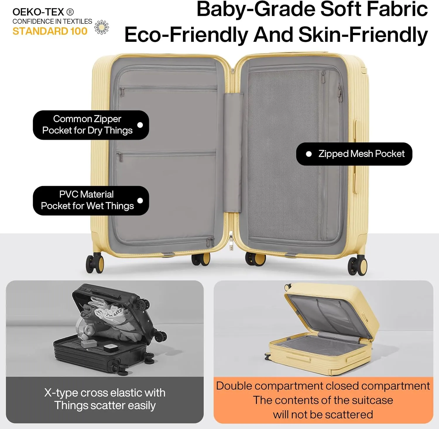 mixi Checked Luggage Upgrade Wide Handle PC Hard Shell Rolling Travel Medium Suitcases with Spinner Wheels & TSA Lock, 24 Inch Lark Yellow
