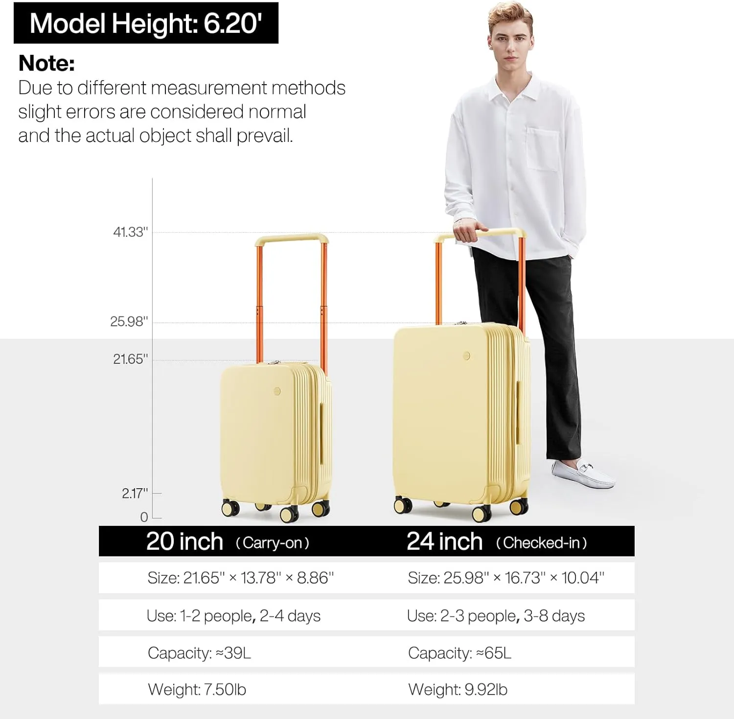 mixi Checked Luggage Upgrade Wide Handle PC Hard Shell Rolling Travel Medium Suitcases with Spinner Wheels & TSA Lock, 24 Inch Lark Yellow