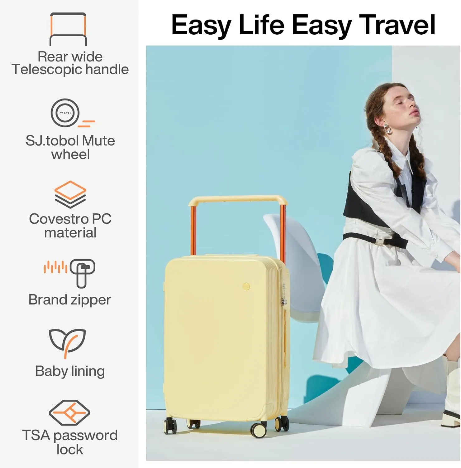 mixi Checked Luggage Upgrade Wide Handle PC Hard Shell Rolling Travel Medium Suitcases with Spinner Wheels & TSA Lock, 24 Inch Lark Yellow