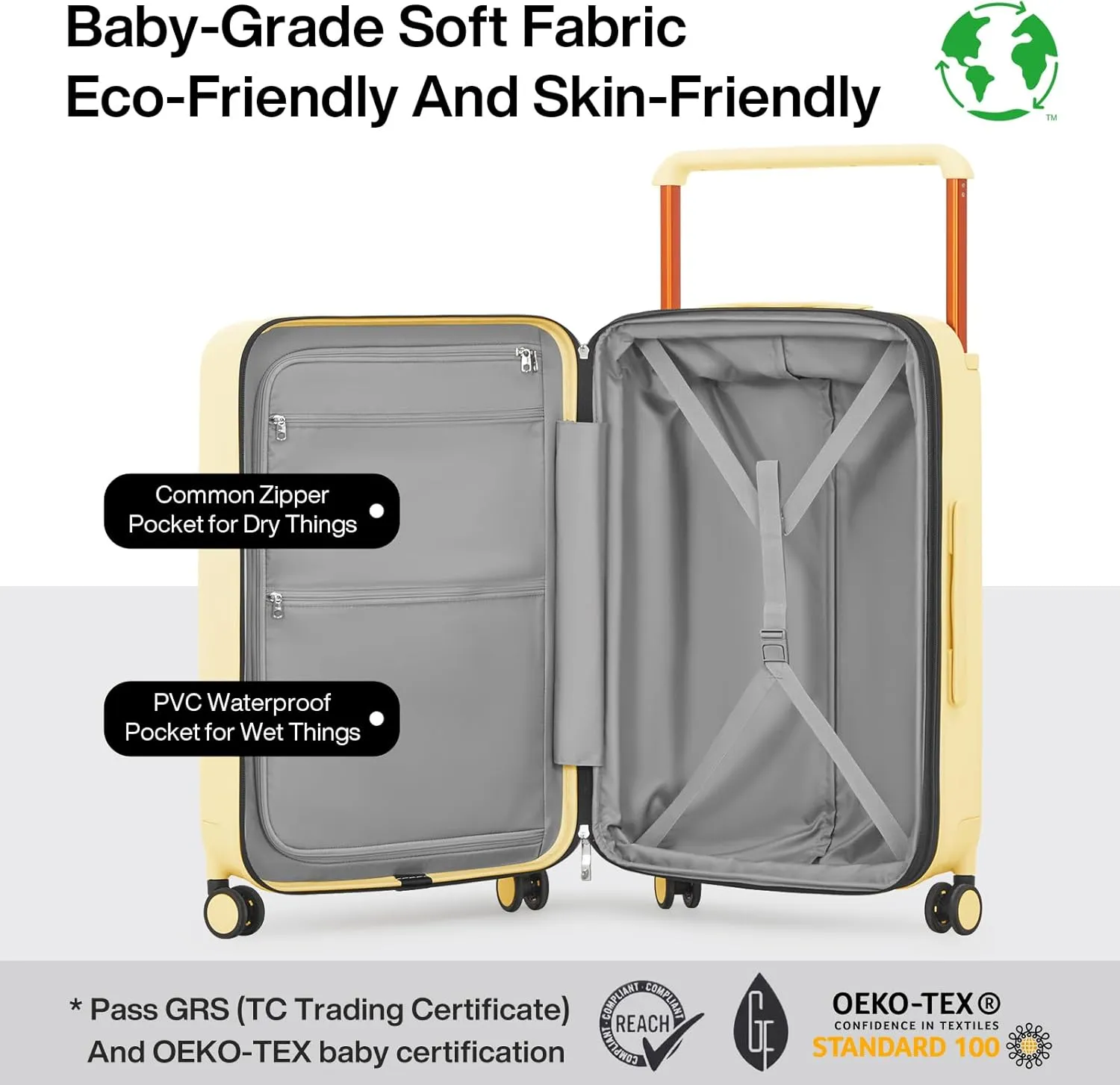mixi Large Capacity Expandable Carry On Luggage Airline Approved 20'' Lightweight Luggage Wide Handle PC Hardshell Suitcases with Spinner Wheels & TSA Lock, Lark Yellow