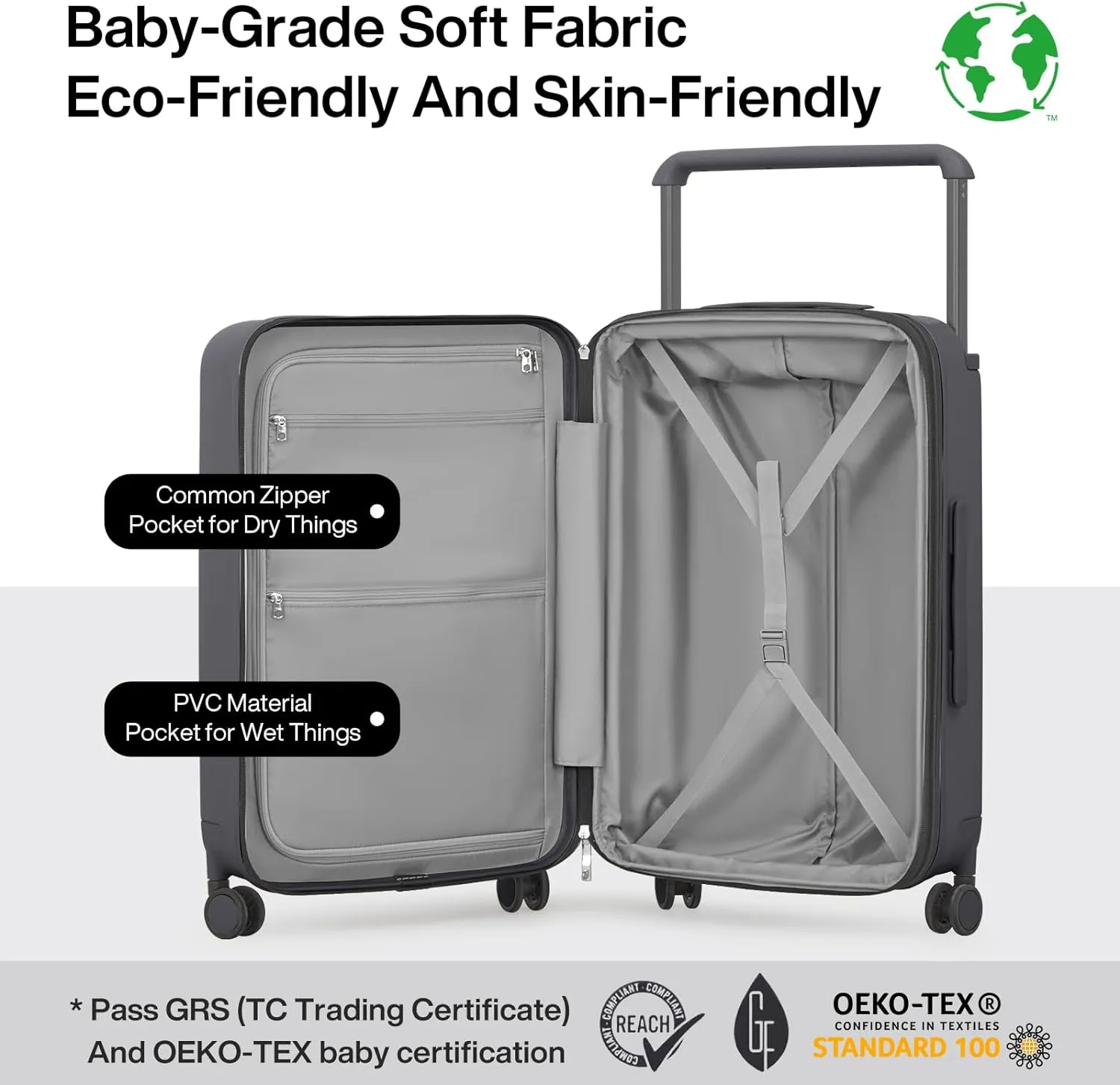 mixi Large Capacity Expandable Carry On Luggage Airline Approved 20'' Lightweight Luggage Wide Handle PC Hardshell Suitcases with Spinner Wheels & TSA Lock, Rock Gray